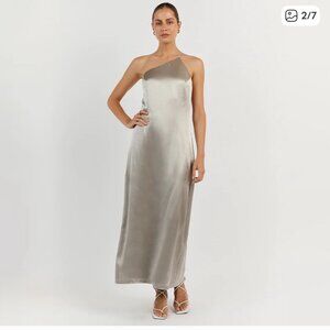 NWT DISSH Rio Pewter Silver Satin One Shoulder Midi Dress Cocktai